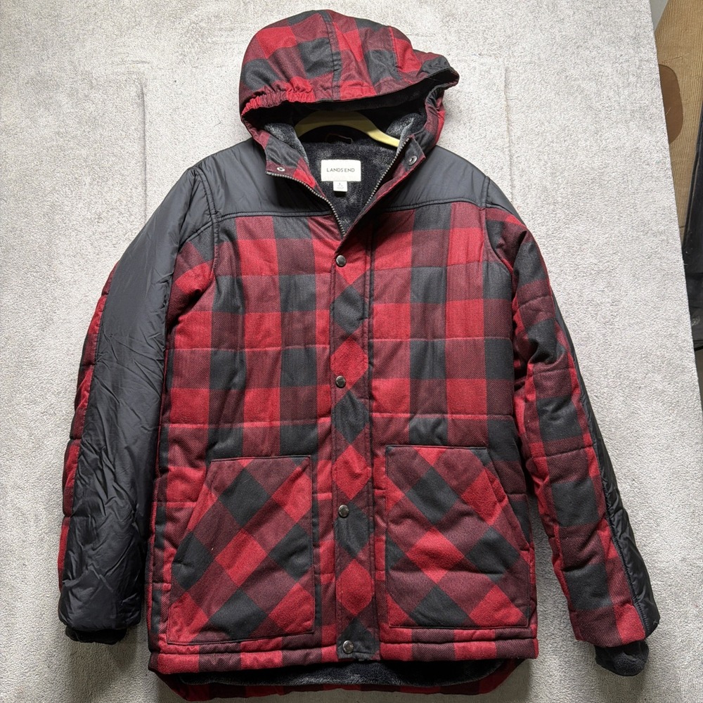 Lands' End Boys Buffalo Plaid Puffer Jacket Hooded Red Black Size 14 16